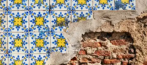 Traditional blue and yellow Portuguese azulejo tiles in Lisbon